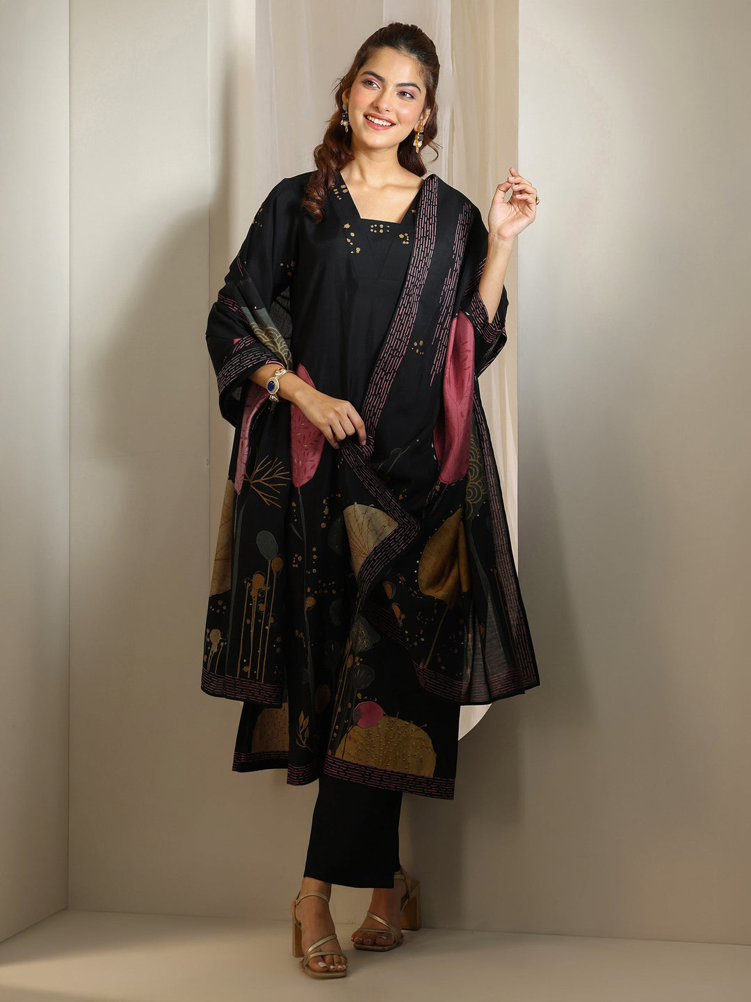 Libas Black Printed Silk Blend Straight Suit Set With Dupatta