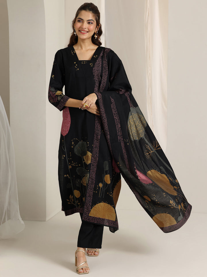 Libas Black Printed Silk Blend Straight Suit Set With Dupatta