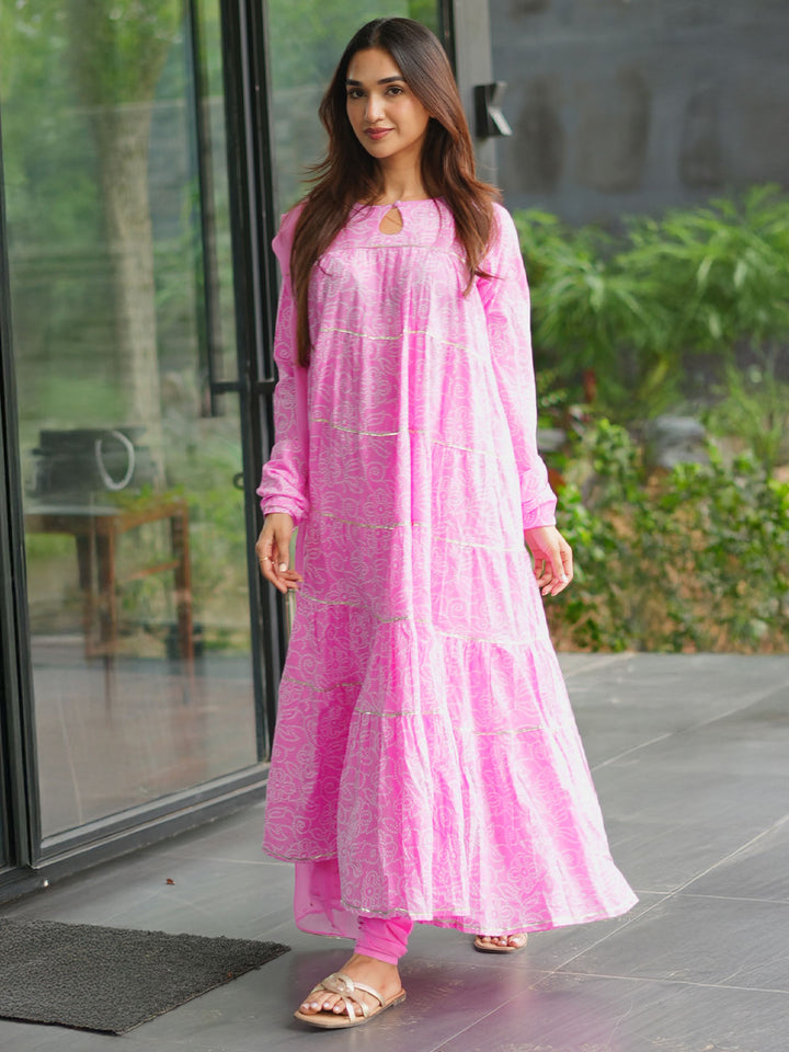 Pink Floral Printed Cotton Flared Suit Set With Dupatta