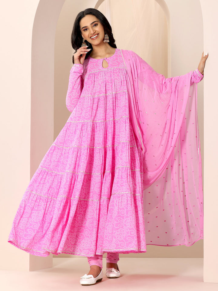 Pink Floral Printed Cotton Flared Suit Set With Dupatta