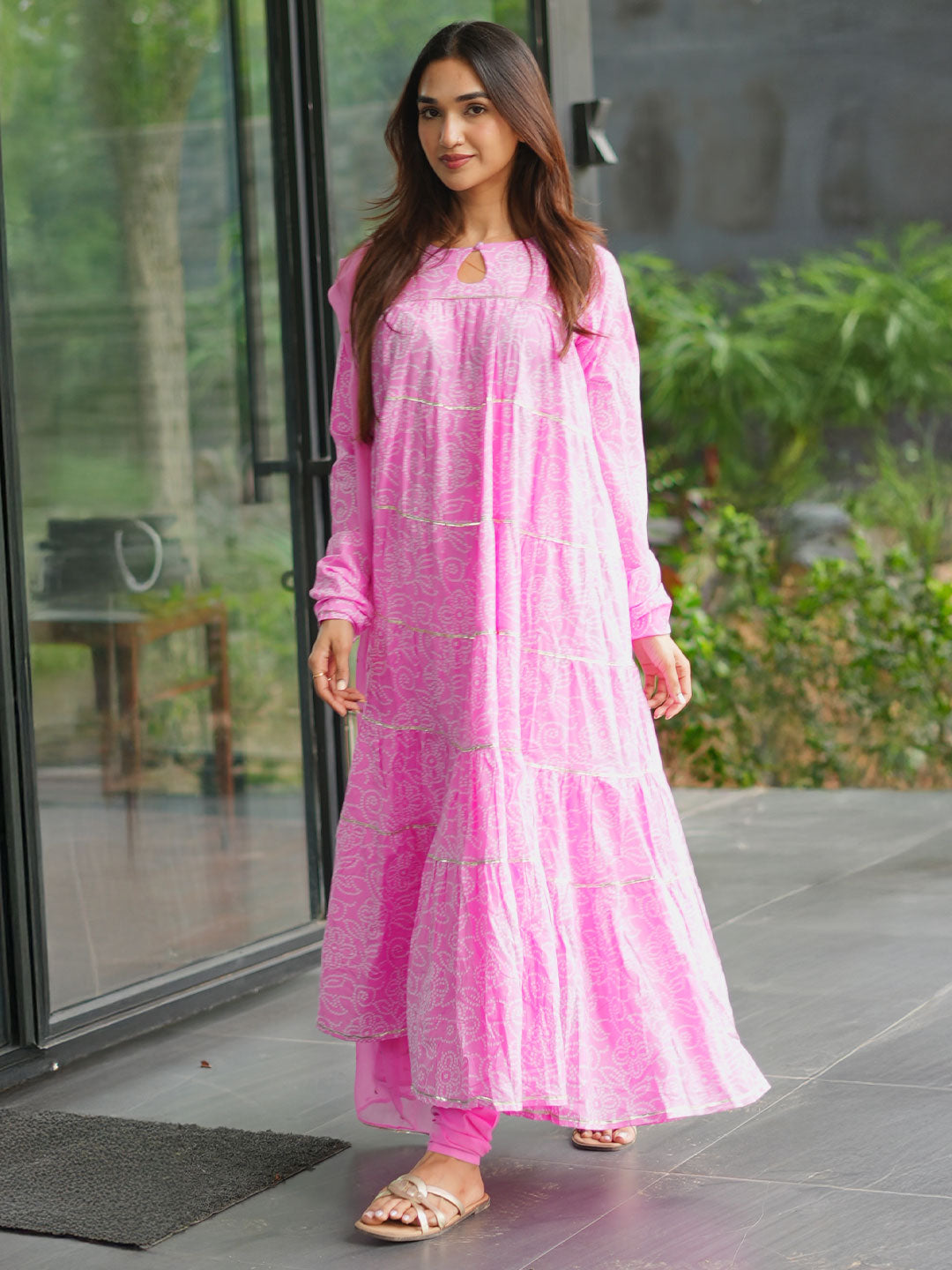 Pink Floral Printed Cotton Flared Suit Set With Dupatta