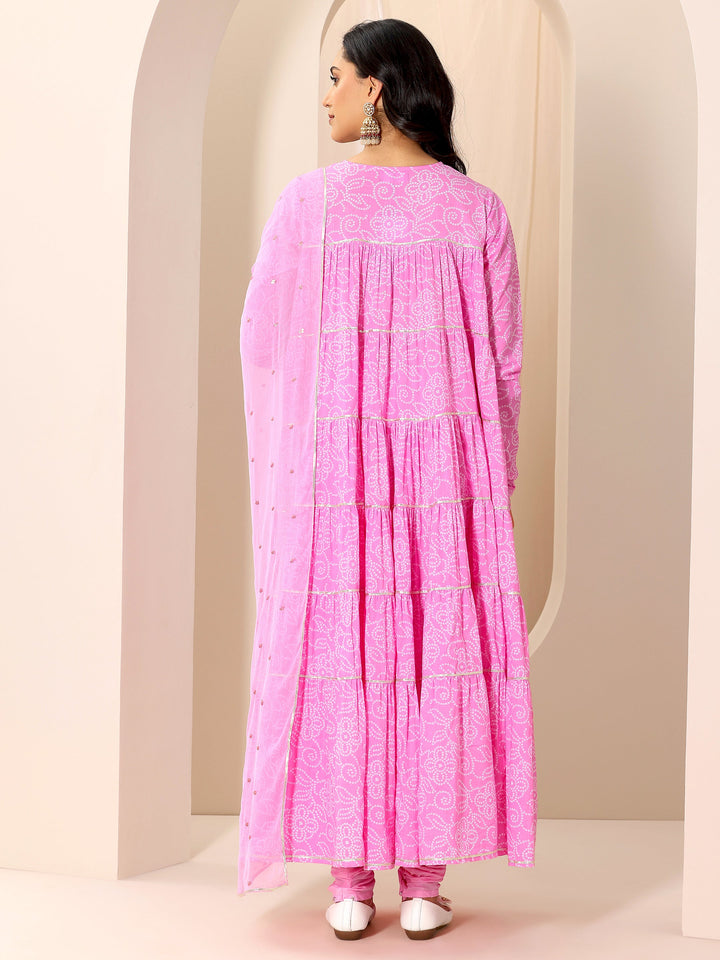 Pink Floral Printed Cotton Flared Suit Set With Dupatta