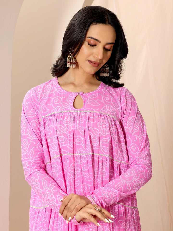 Pink Floral Printed Cotton Flared Suit Set With Dupatta