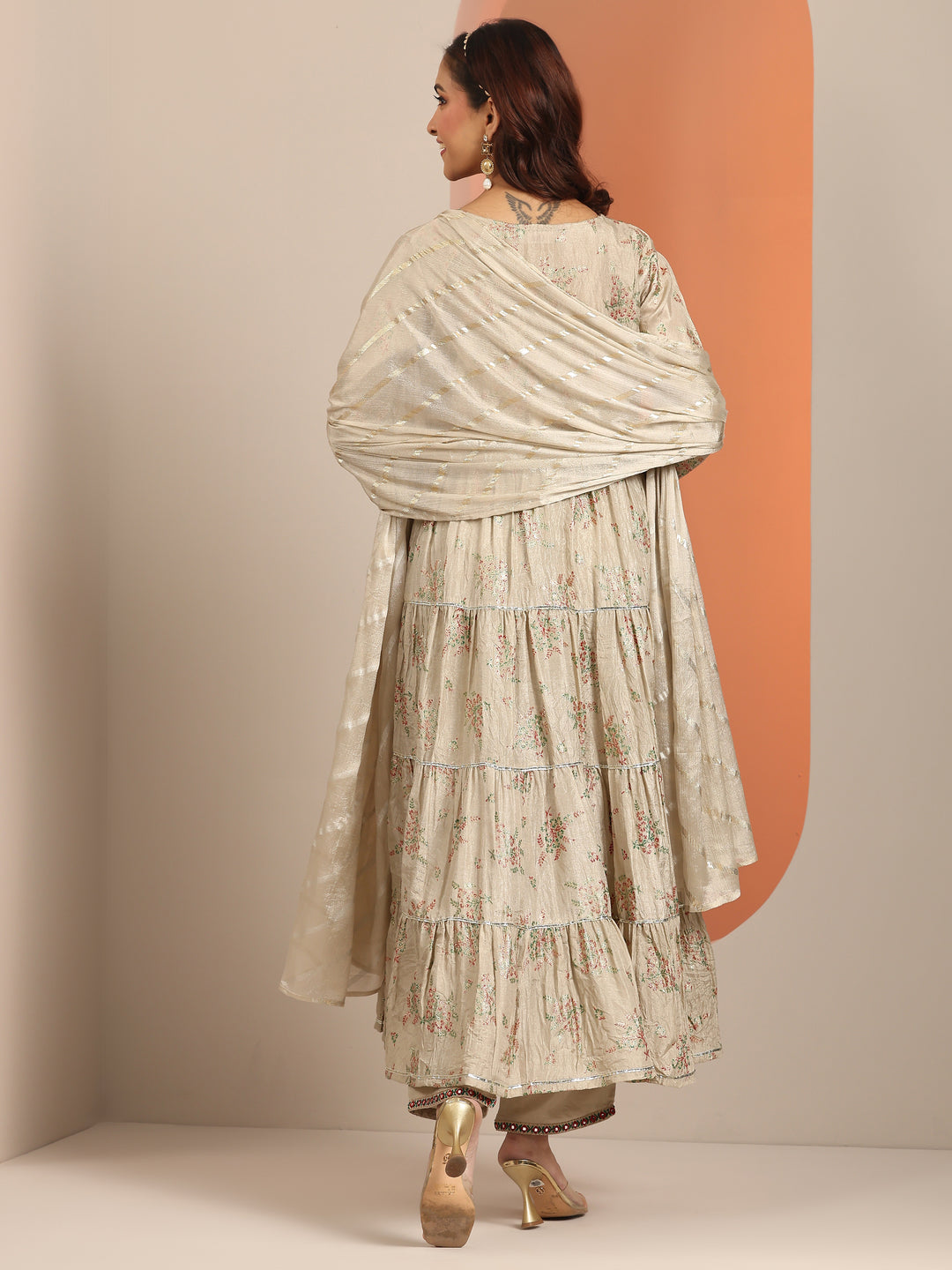 Grey Floral Printed Silk Blend Anarkali Suit Set With Dupatta