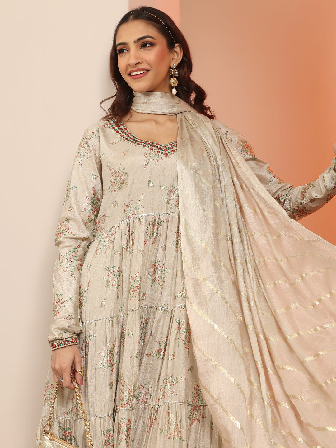 Grey Floral Printed Silk Blend Anarkali Suit Set With Dupatta