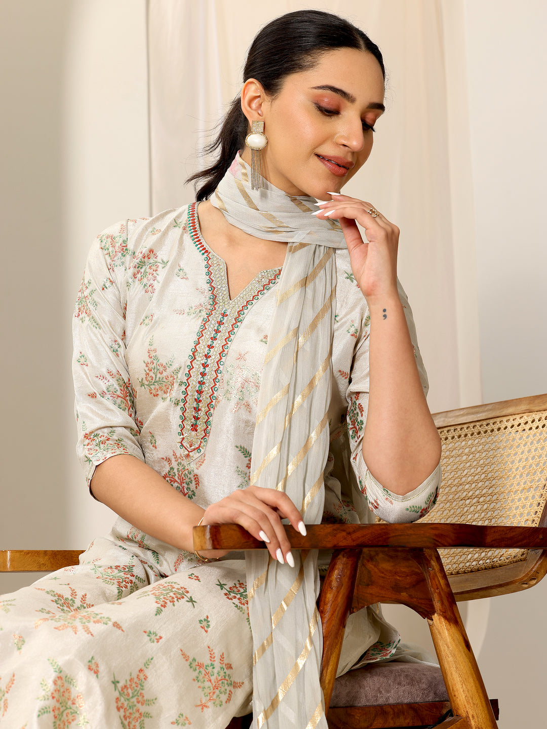 Grey Floral Printed Silk Blend Straight Suit Set With Dupatta