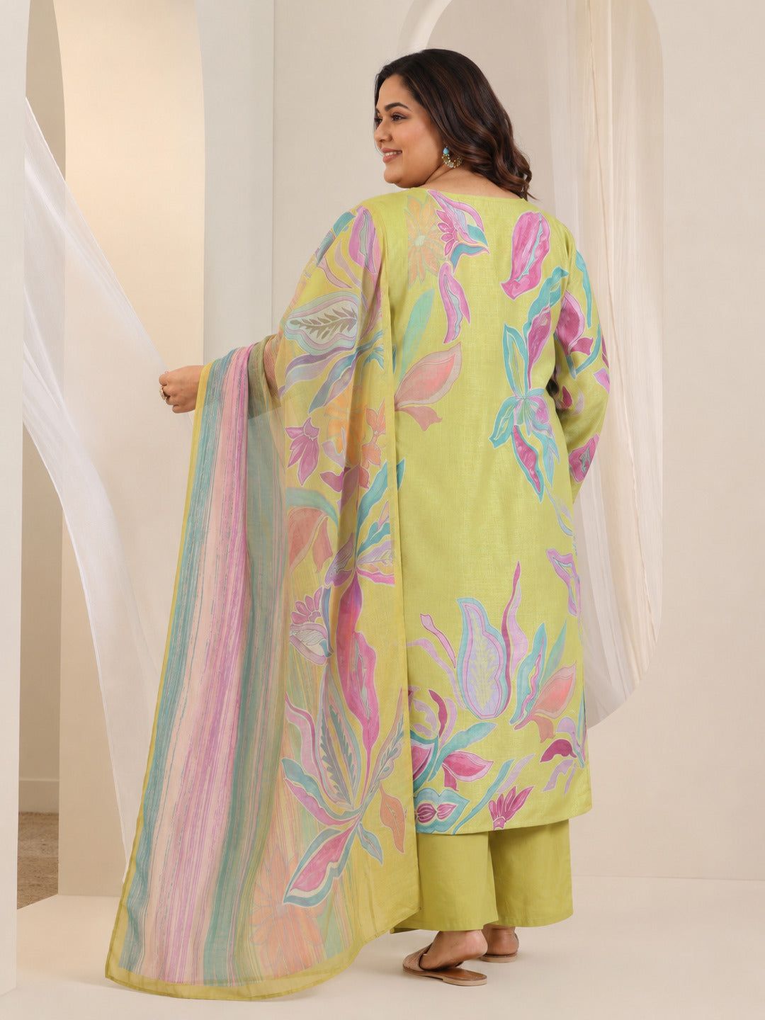 Plus Size Multi Printed Cotton Blend Straight Suit Set With Dupatta