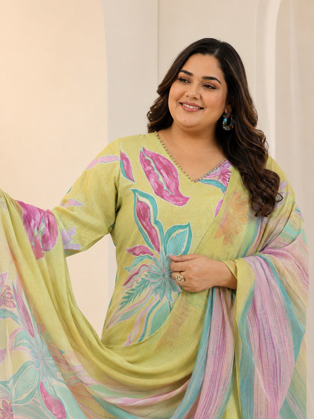 Plus Size Multi Printed Cotton Blend Straight Suit Set With Dupatta