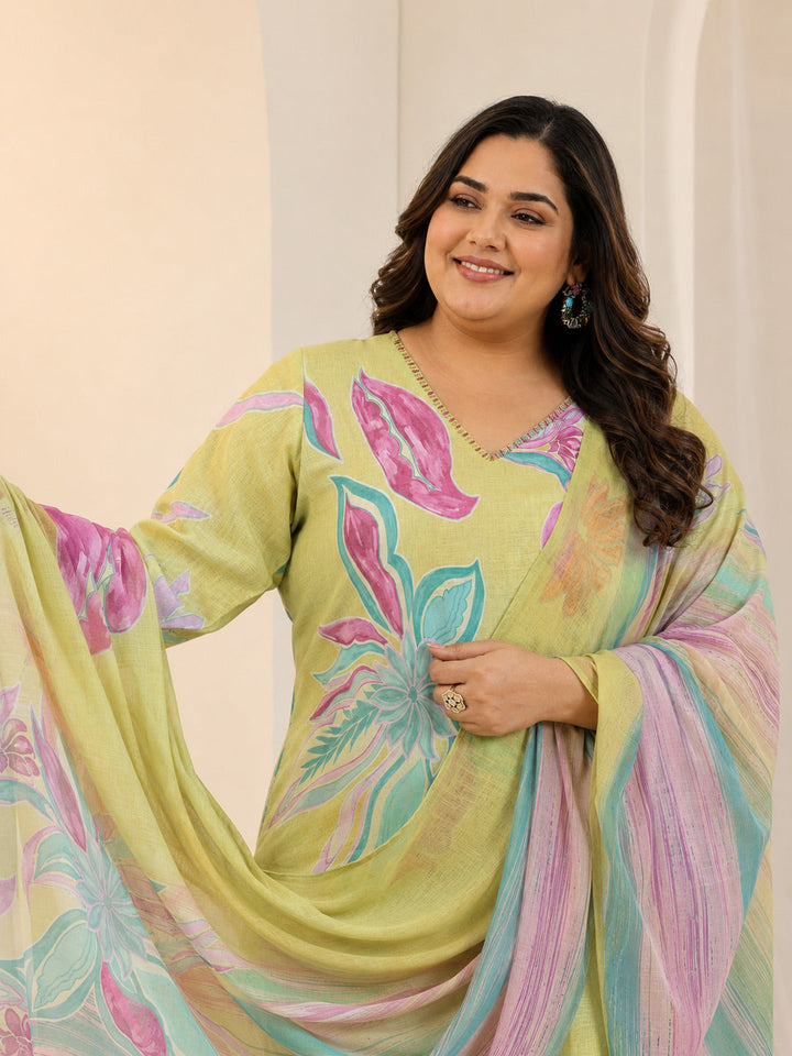 Plus Size Multi Printed Cotton Blend Straight Suit Set With Dupatta
