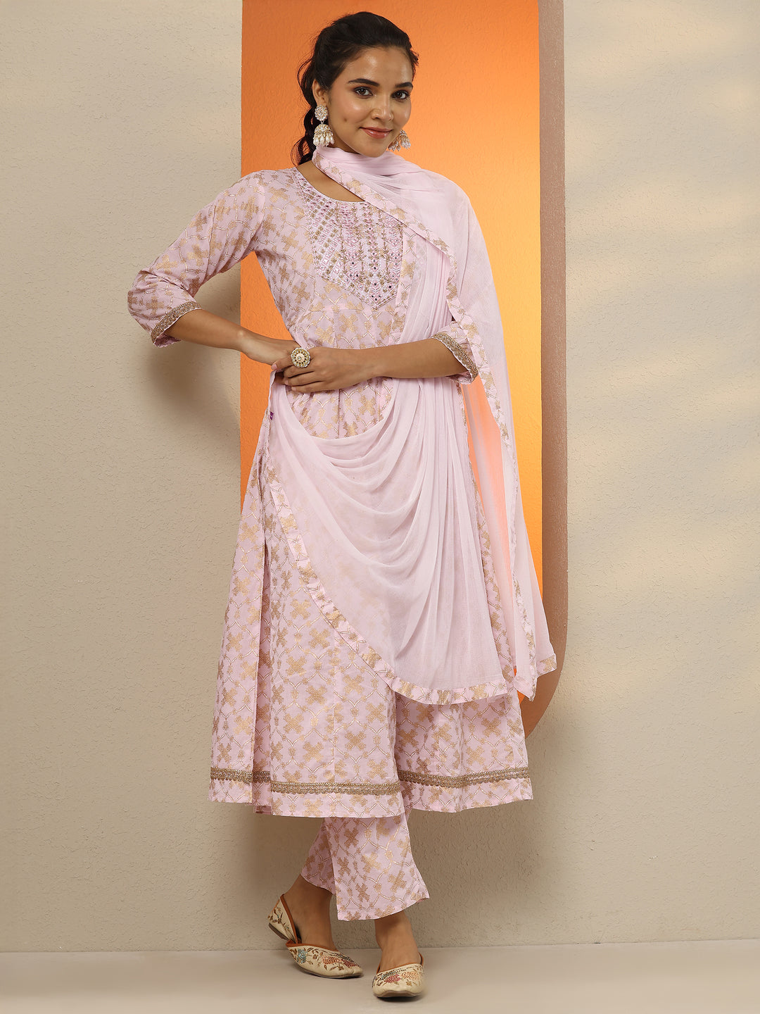 Pink Printed Cotton Anarkali Suit Set With Dupatta