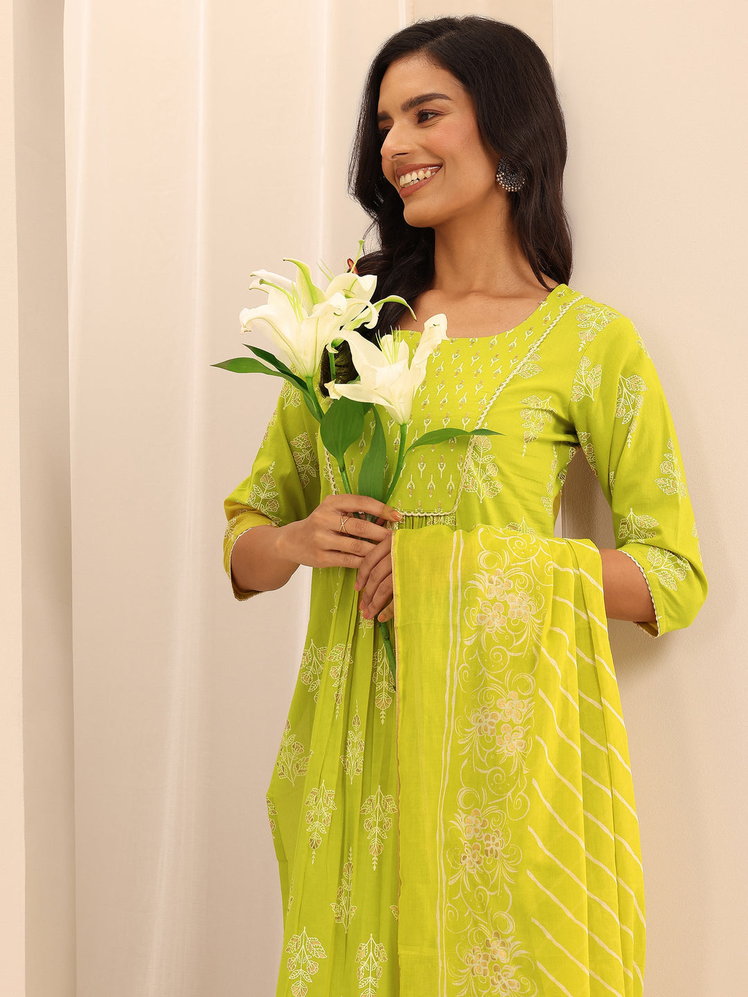 Green Printed Cotton Straight Suit Set With Dupatta