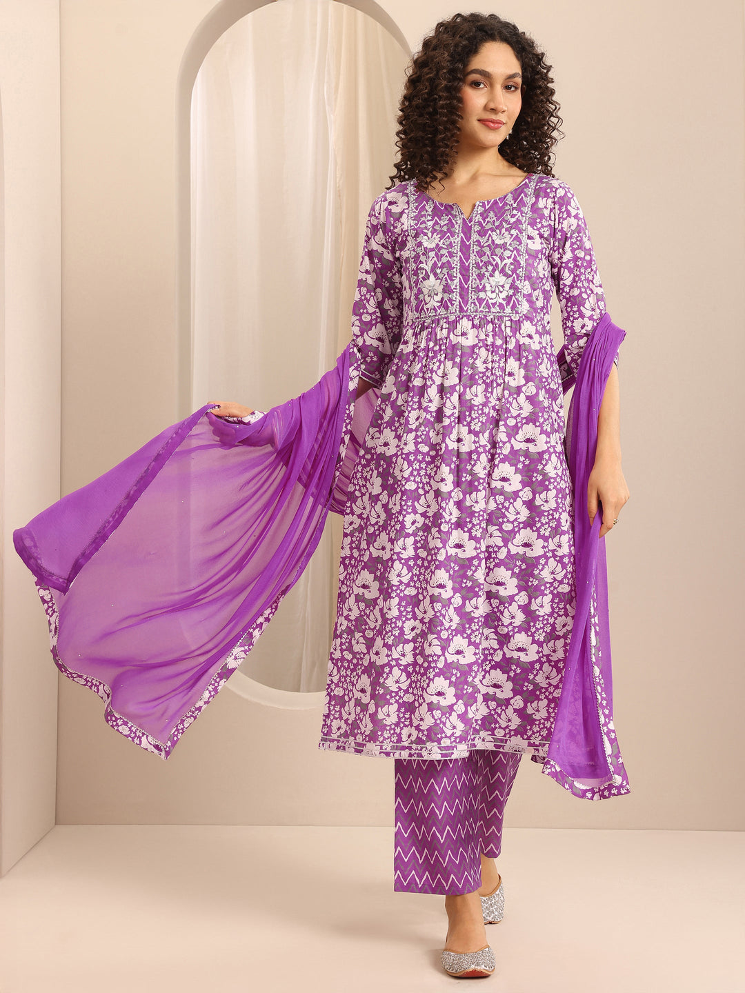 Purple Printed Cotton Blend A-line Suit Set With Dupatta