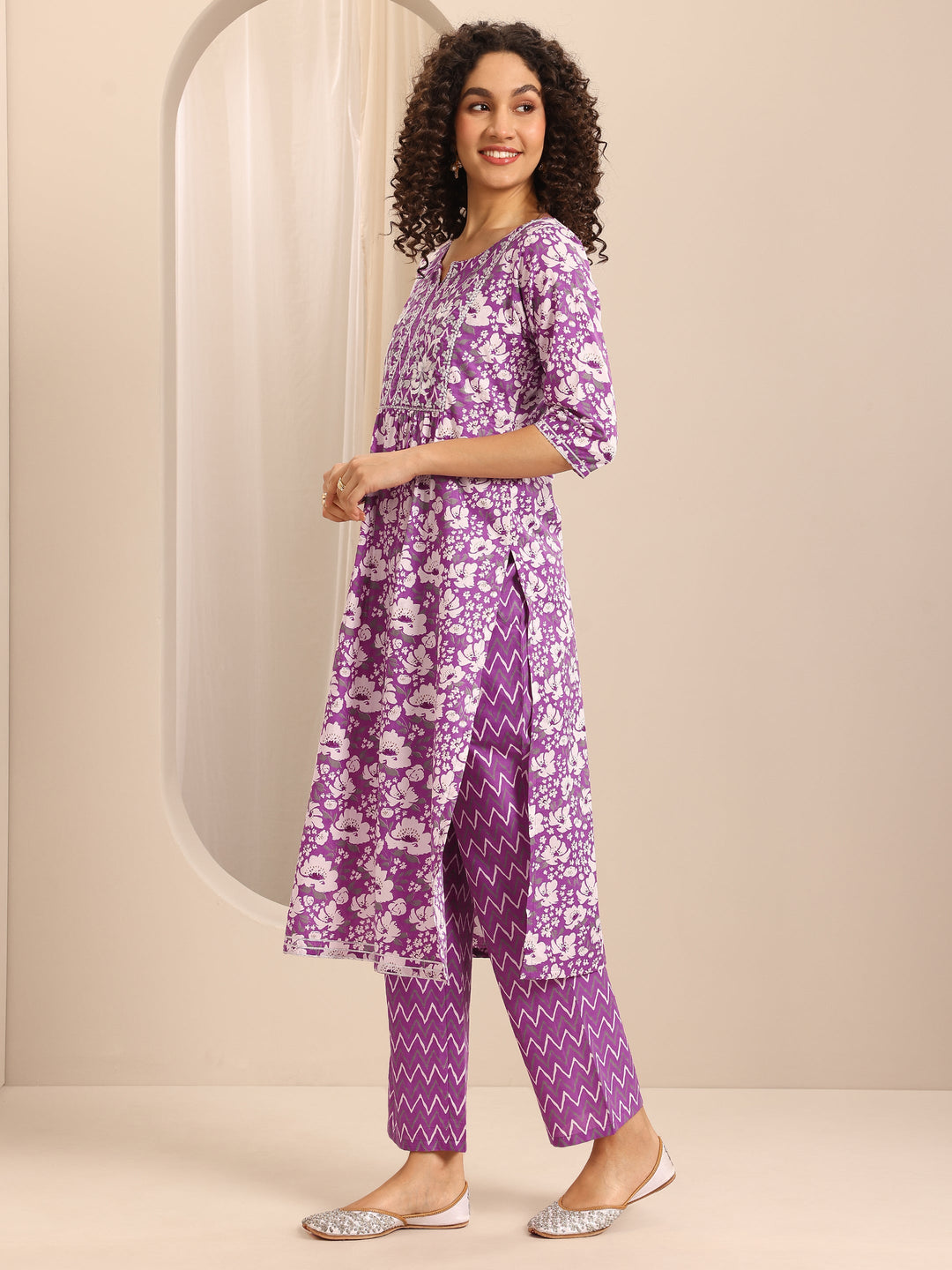 Purple Printed Cotton Blend A-line Suit Set With Dupatta