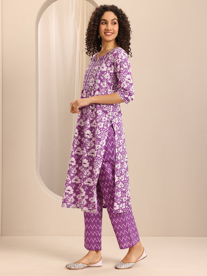 Purple Printed Cotton Blend A-line Suit Set With Dupatta