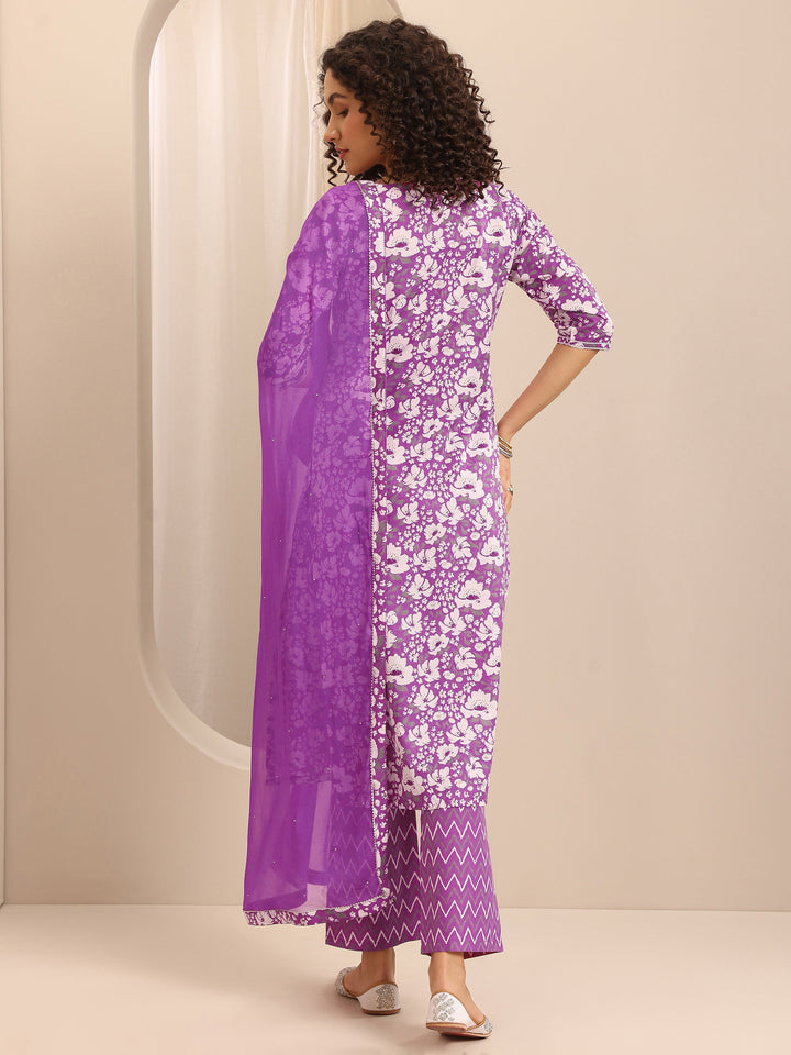 Purple Printed Cotton Blend A-line Suit Set With Dupatta