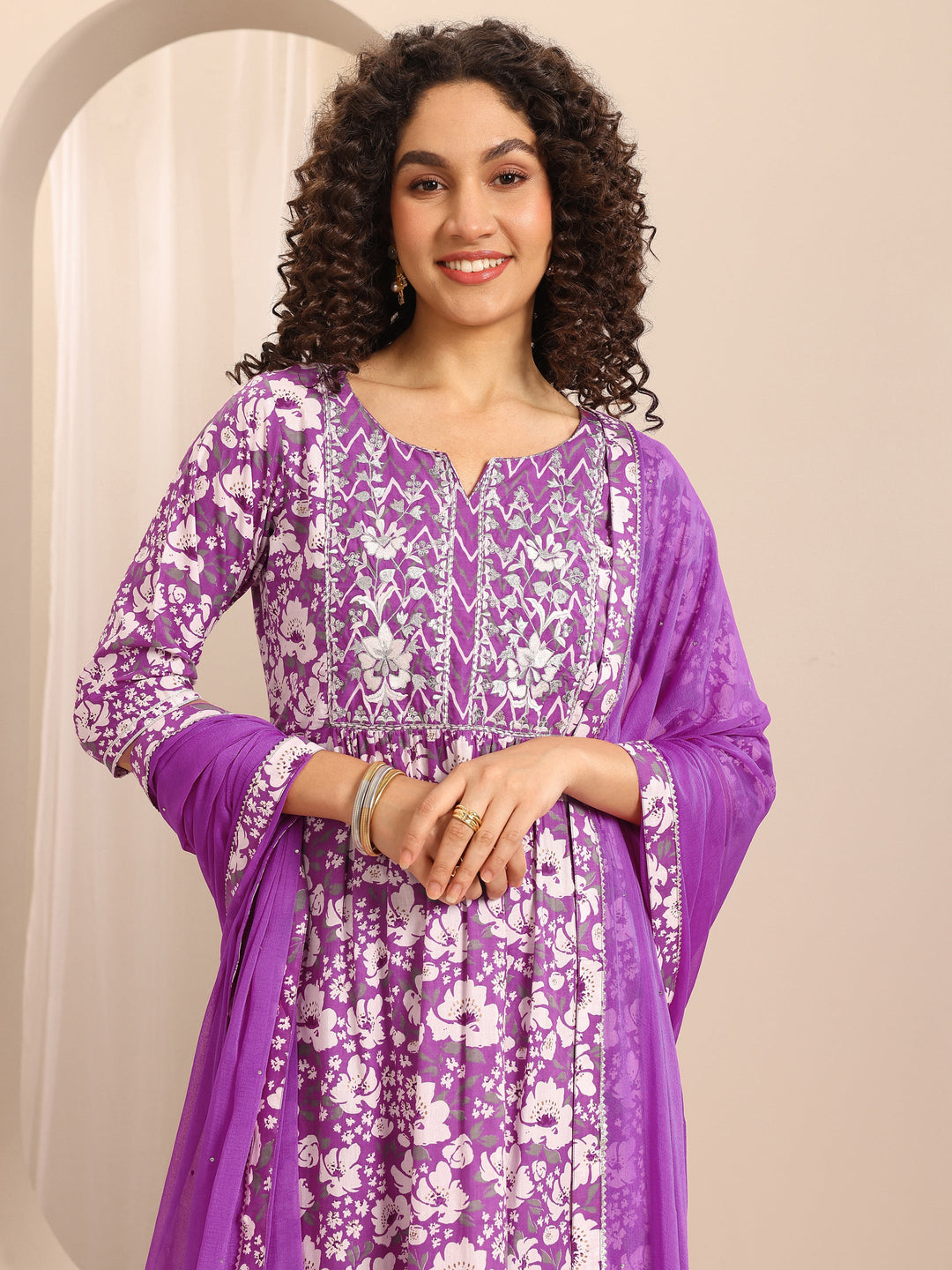 Purple Printed Cotton Blend A-line Suit Set With Dupatta