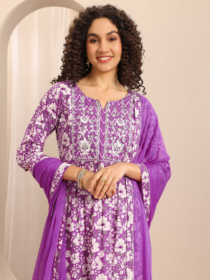 Purple Printed Cotton Blend A-line Suit Set With Dupatta