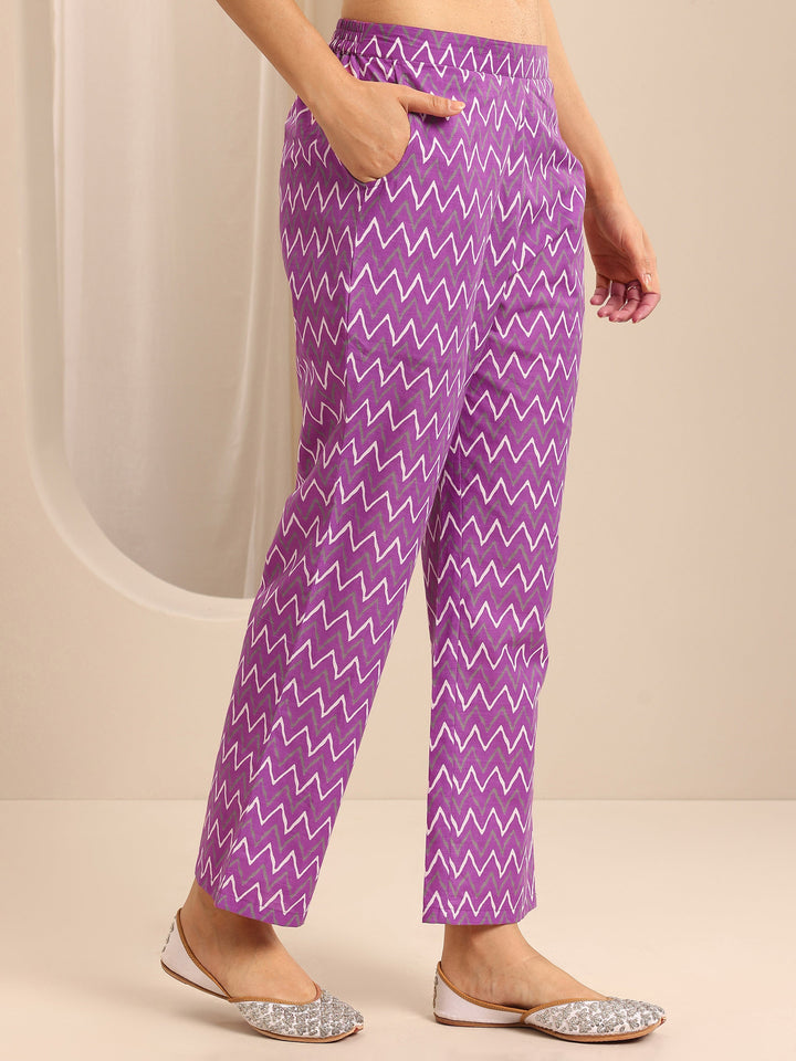 Purple Printed Cotton Blend A-line Suit Set With Dupatta