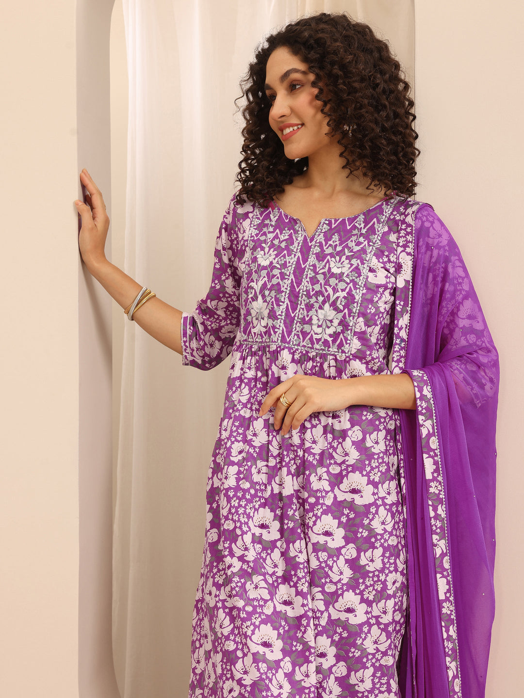 Purple Printed Cotton Blend A-line Suit Set With Dupatta