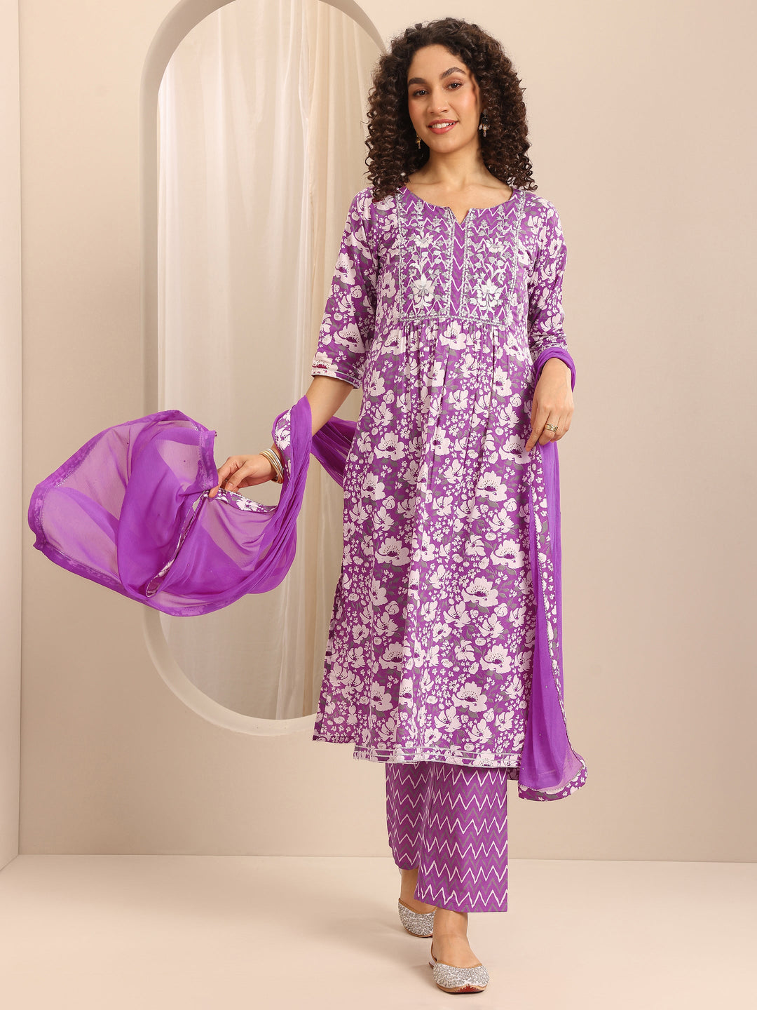 Purple Printed Cotton Blend A-line Suit Set With Dupatta