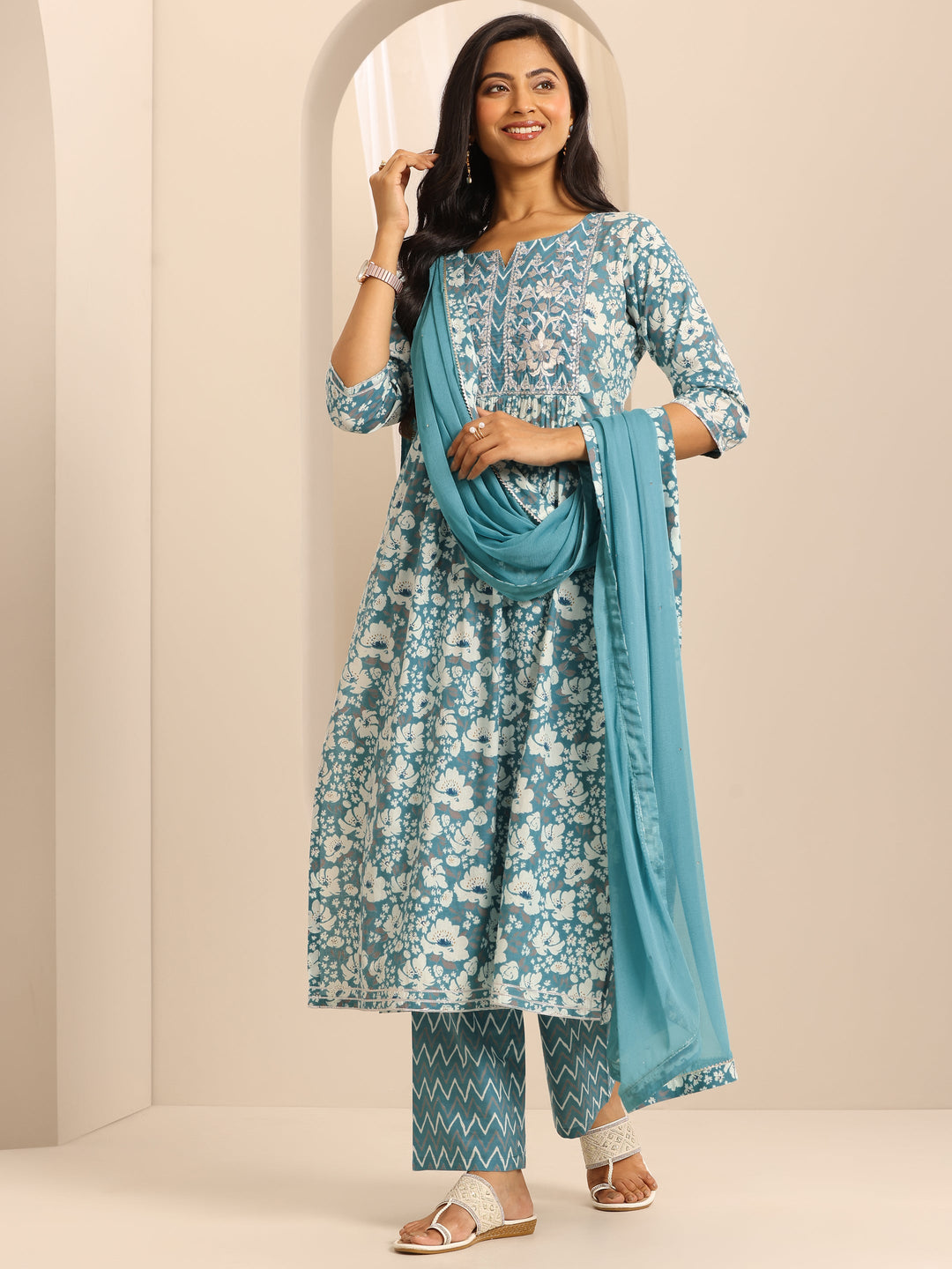 Blue Printed Cotton Blend A-line Suit Set With Dupatta