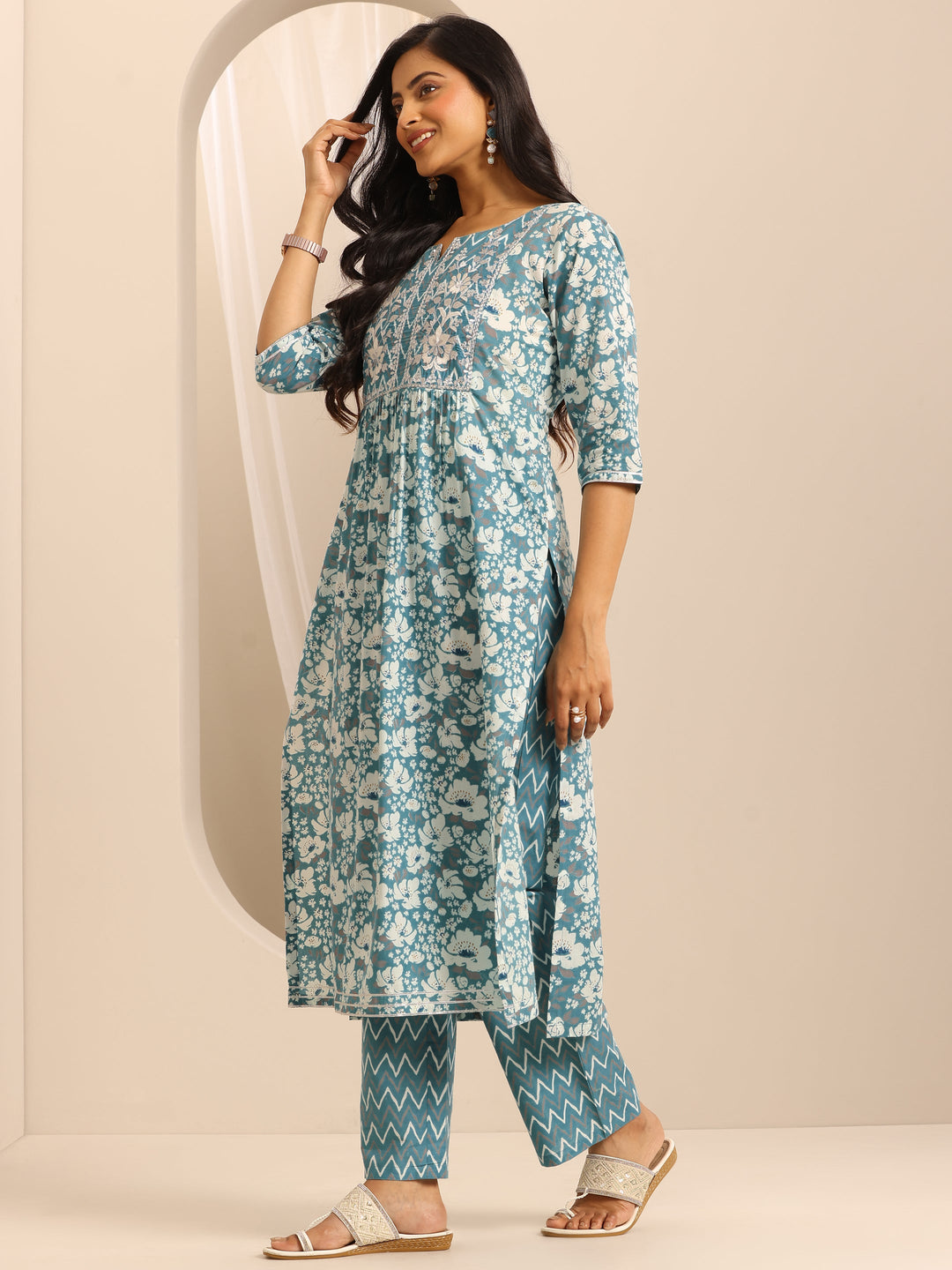 Blue Printed Cotton Blend A-line Suit Set With Dupatta