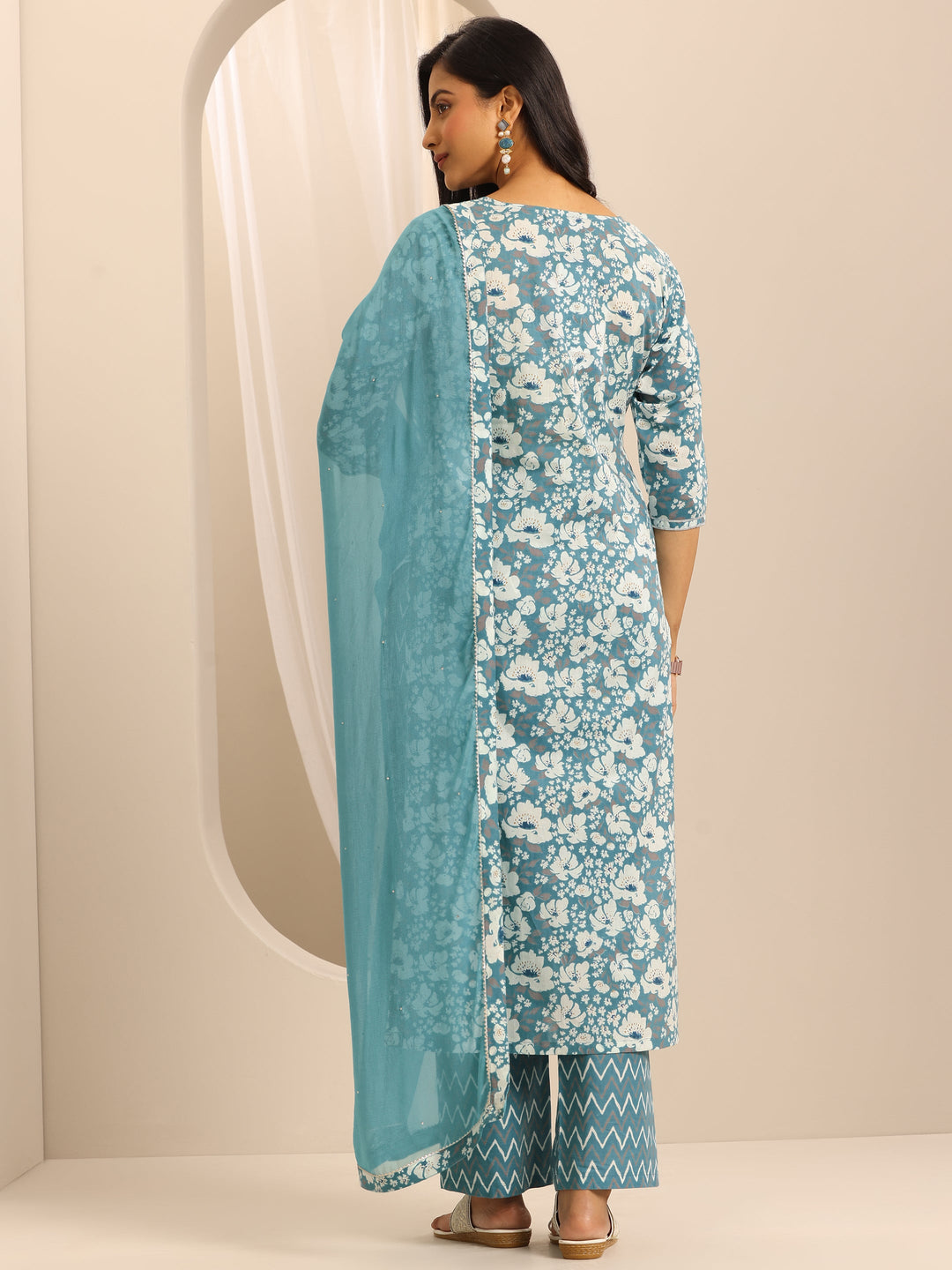Blue Printed Cotton Blend A-line Suit Set With Dupatta