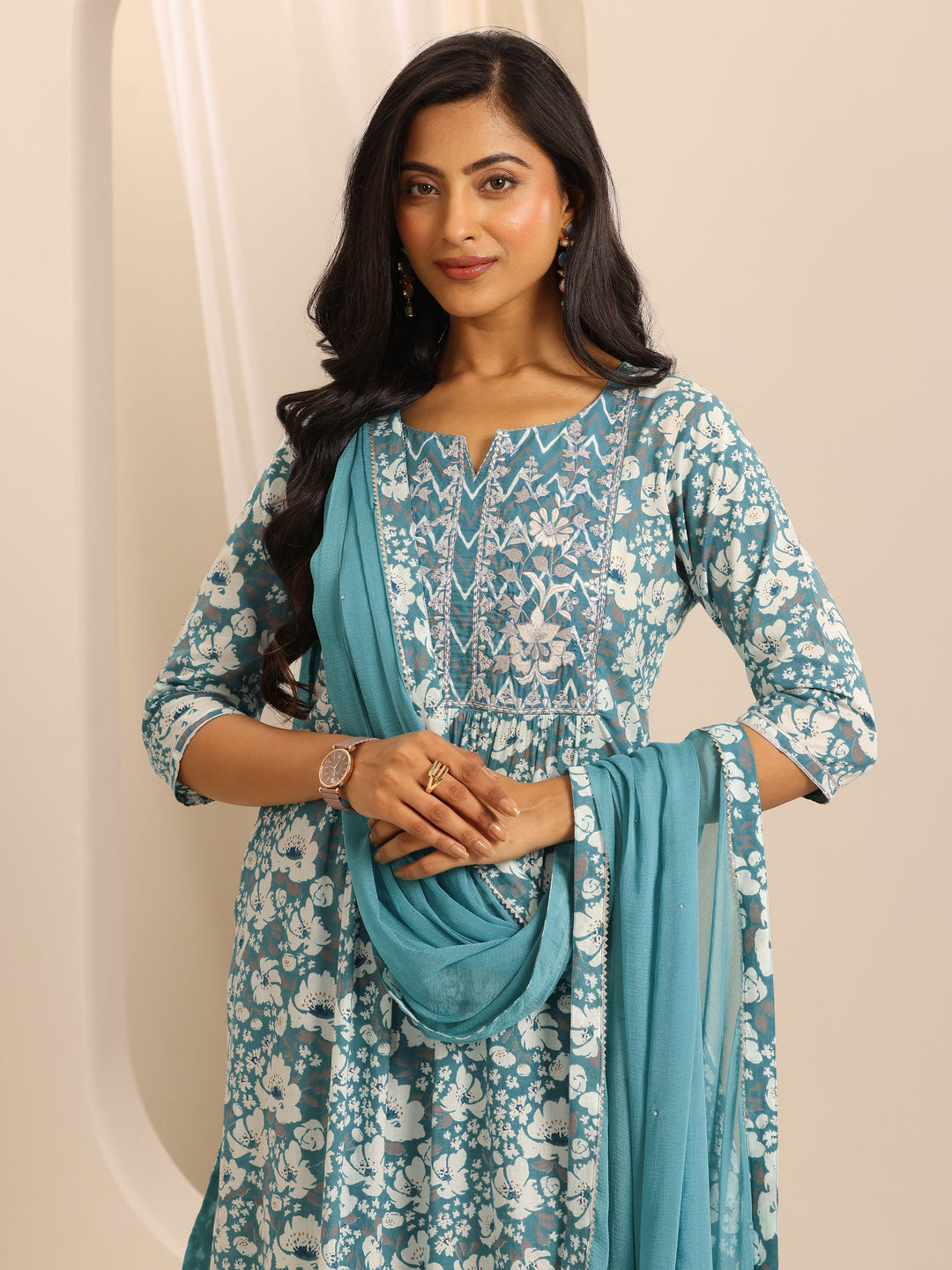 Blue Printed Cotton Blend A-line Suit Set With Dupatta