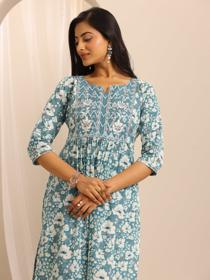 Blue Printed Cotton Blend A-line Suit Set With Dupatta