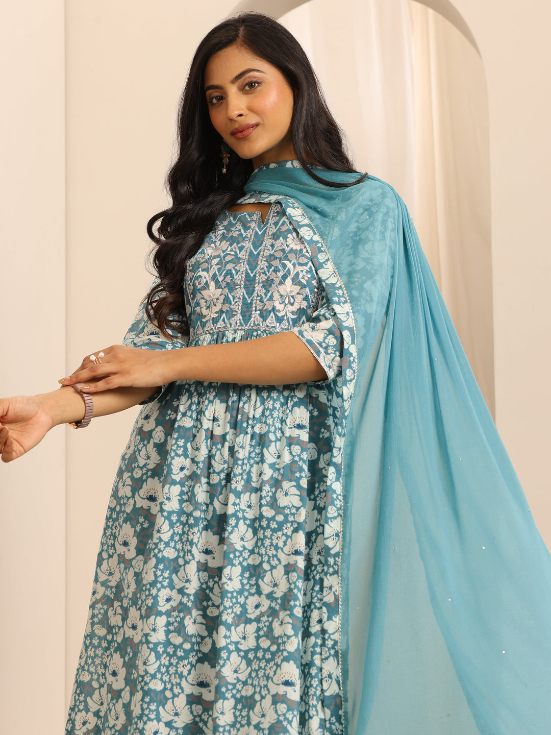 Blue Printed Cotton Blend A-line Suit Set With Dupatta