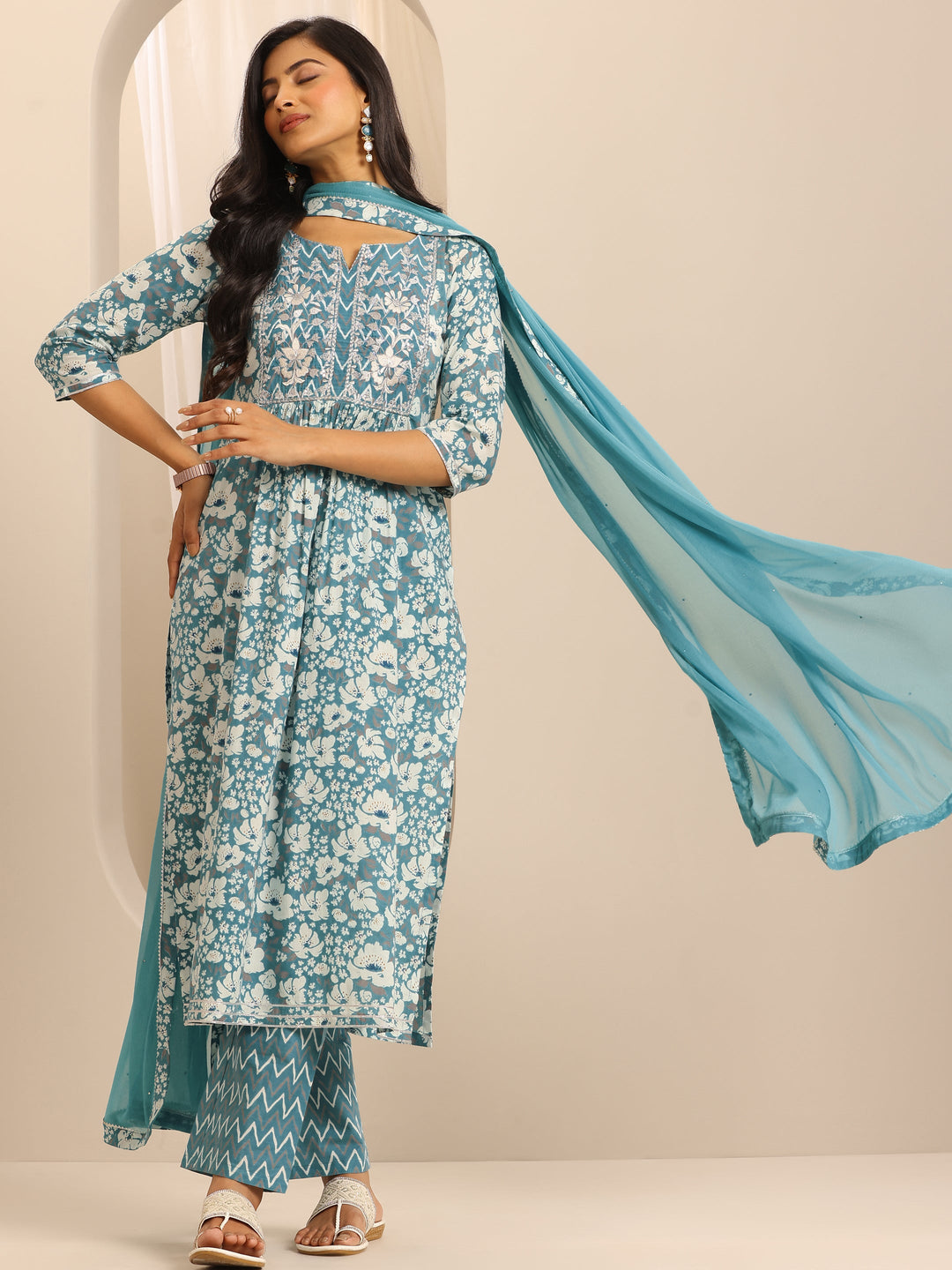 Blue Printed Cotton Blend A-line Suit Set With Dupatta