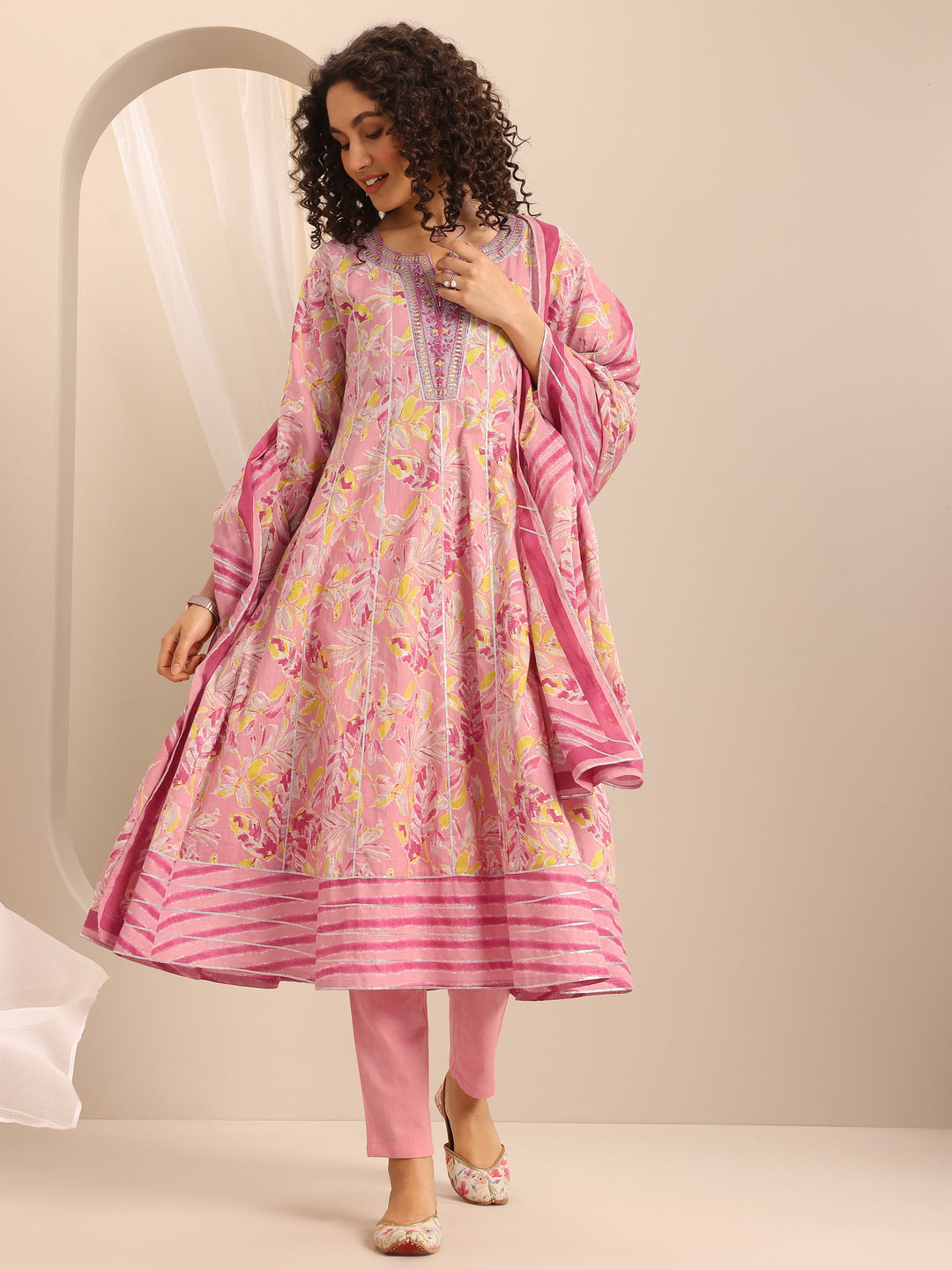 Pink Printed Cotton Blend Anarkali Suit Set With Dupatta