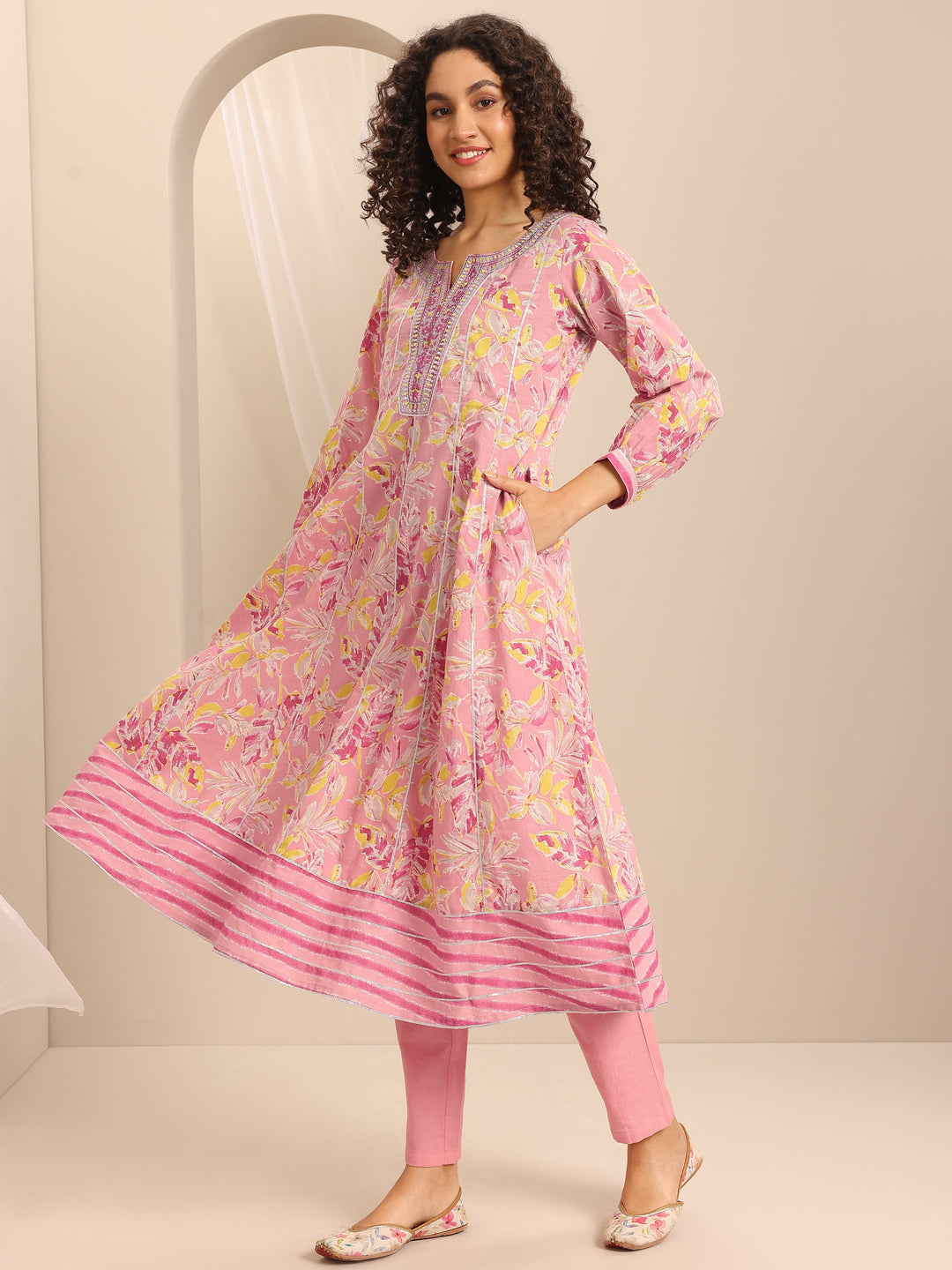 Pink Printed Cotton Blend Anarkali Suit Set With Dupatta