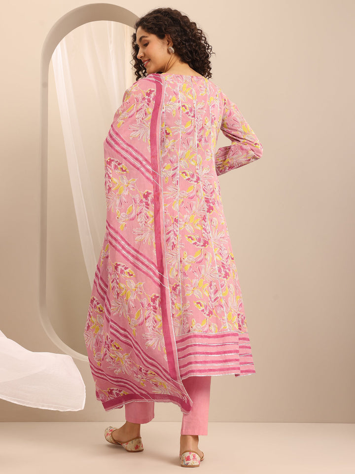 Pink Printed Cotton Blend Anarkali Suit Set With Dupatta