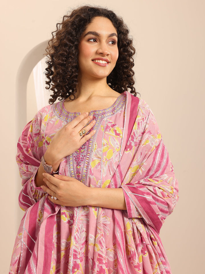 Pink Printed Cotton Blend Anarkali Suit Set With Dupatta