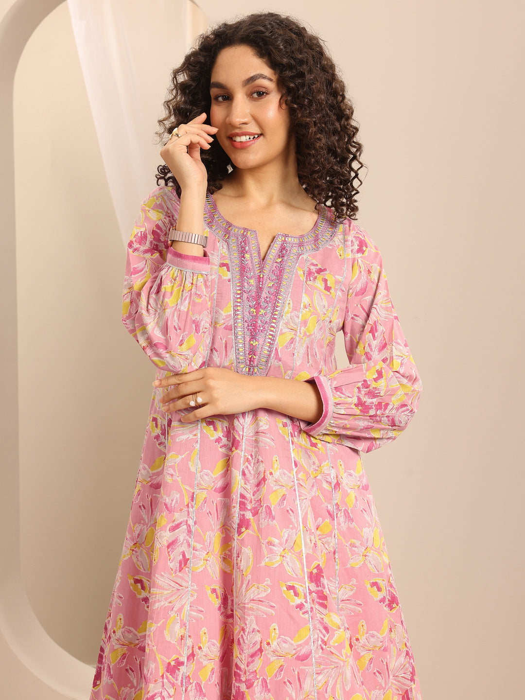 Pink Printed Cotton Blend Anarkali Suit Set With Dupatta