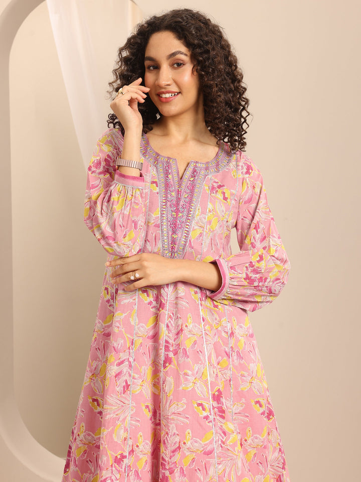 Pink Printed Cotton Blend Anarkali Suit Set With Dupatta