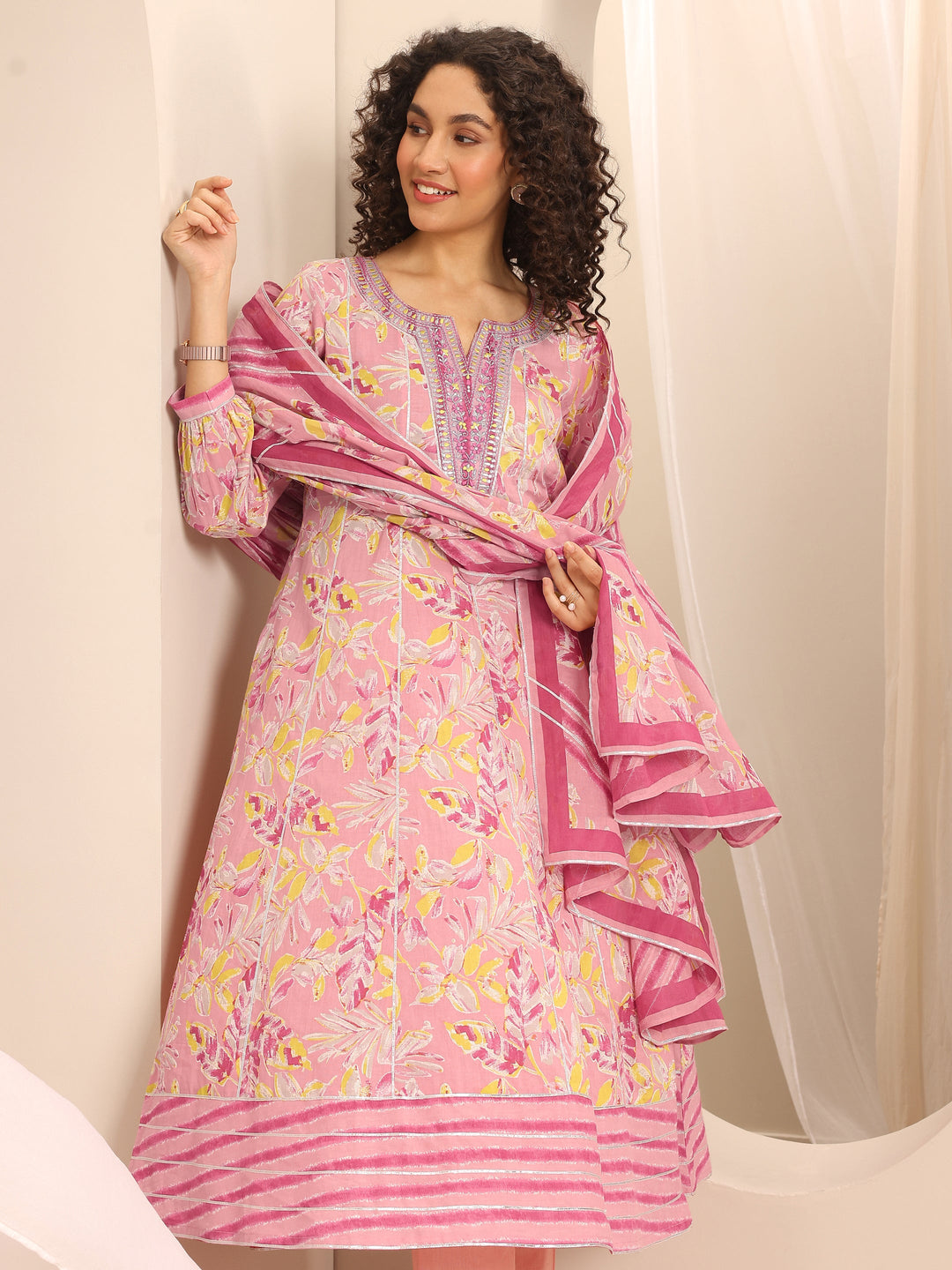 Pink Printed Cotton Blend Anarkali Suit Set With Dupatta