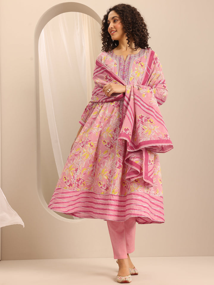Pink Printed Cotton Blend Anarkali Suit Set With Dupatta
