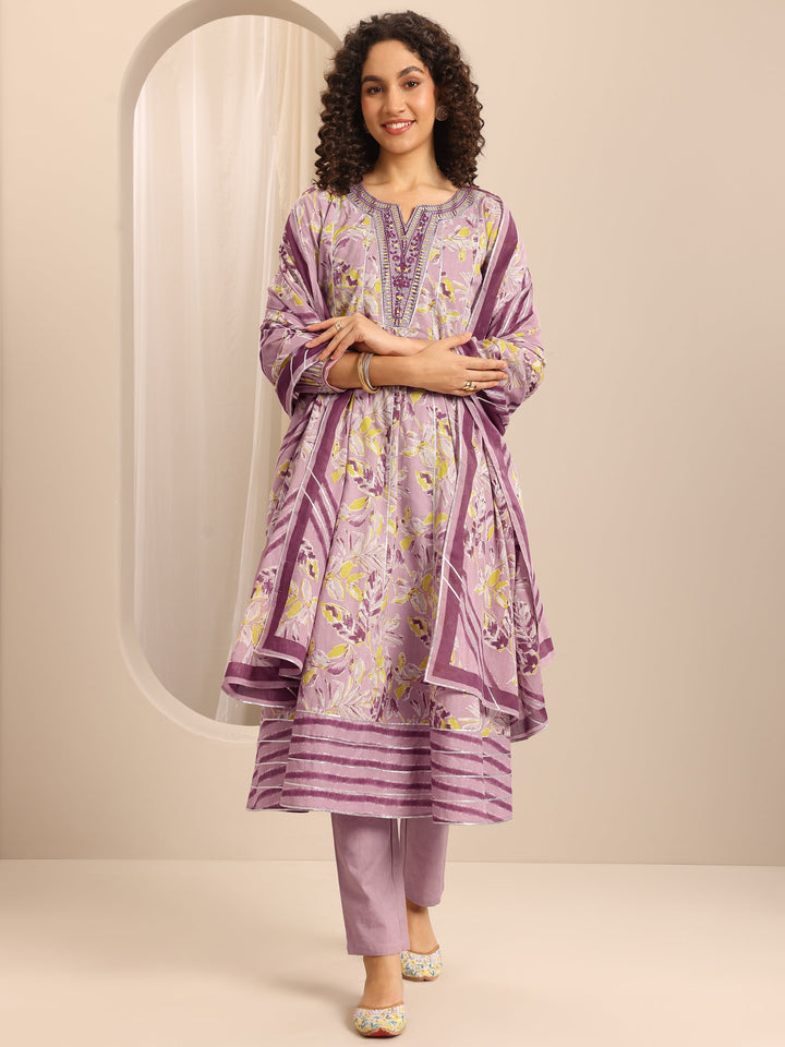 Purple Printed Cotton Blend Anarkali Suit Set With Dupatta