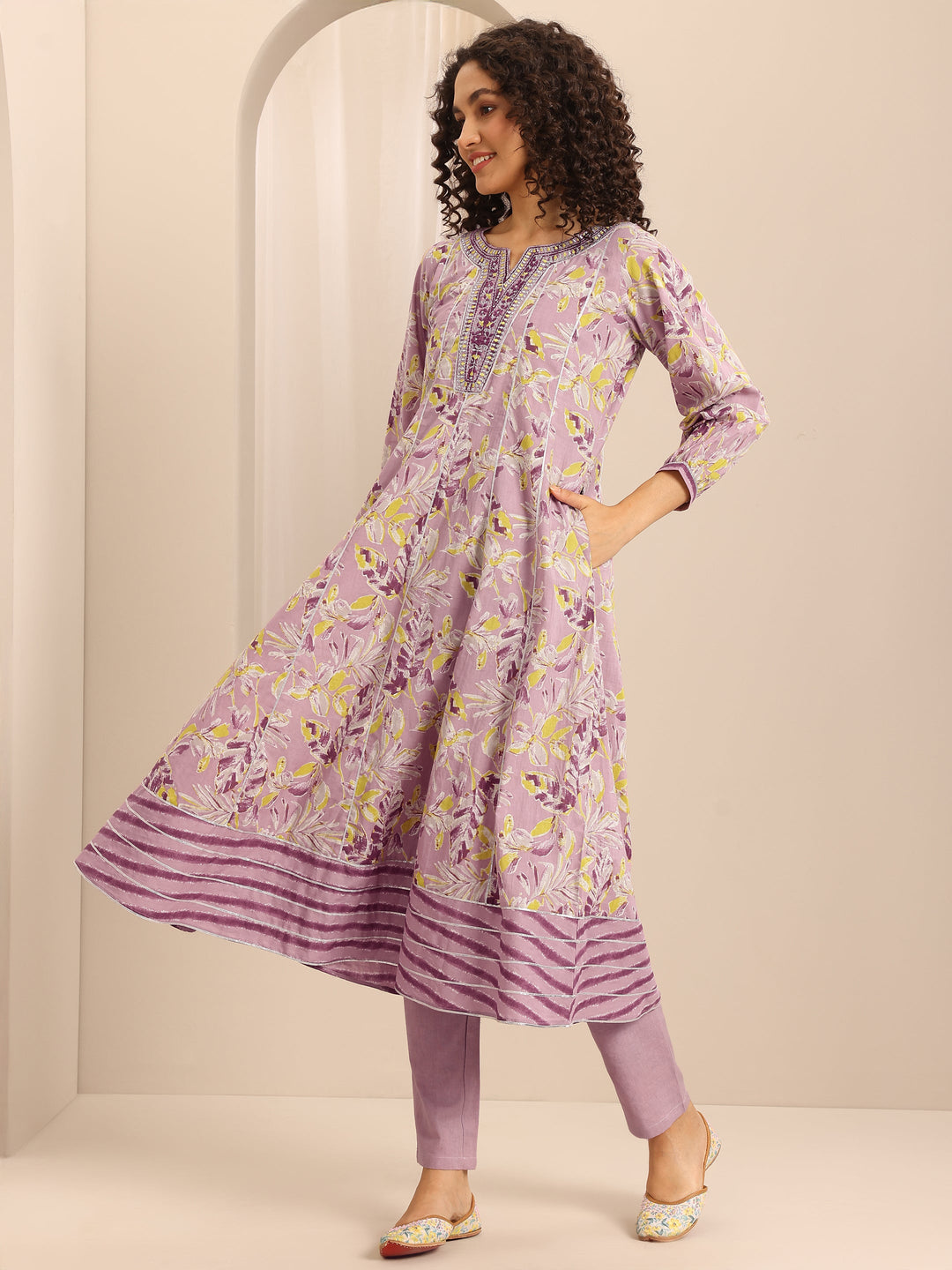 Purple Printed Cotton Blend Anarkali Suit Set With Dupatta