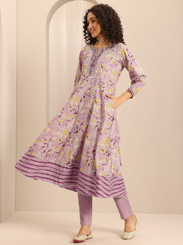 Purple Printed Cotton Blend Anarkali Suit Set With Dupatta