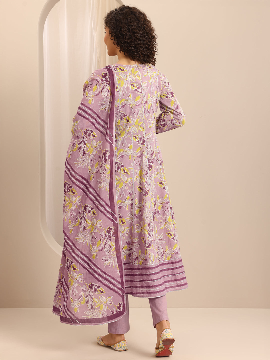 Purple Printed Cotton Blend Anarkali Suit Set With Dupatta