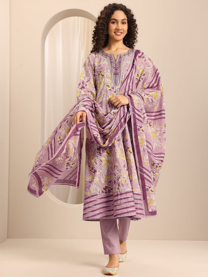 Purple Printed Cotton Blend Anarkali Suit Set With Dupatta