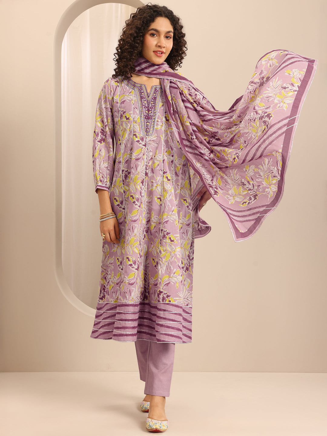 Purple Printed Cotton Blend Anarkali Suit Set With Dupatta