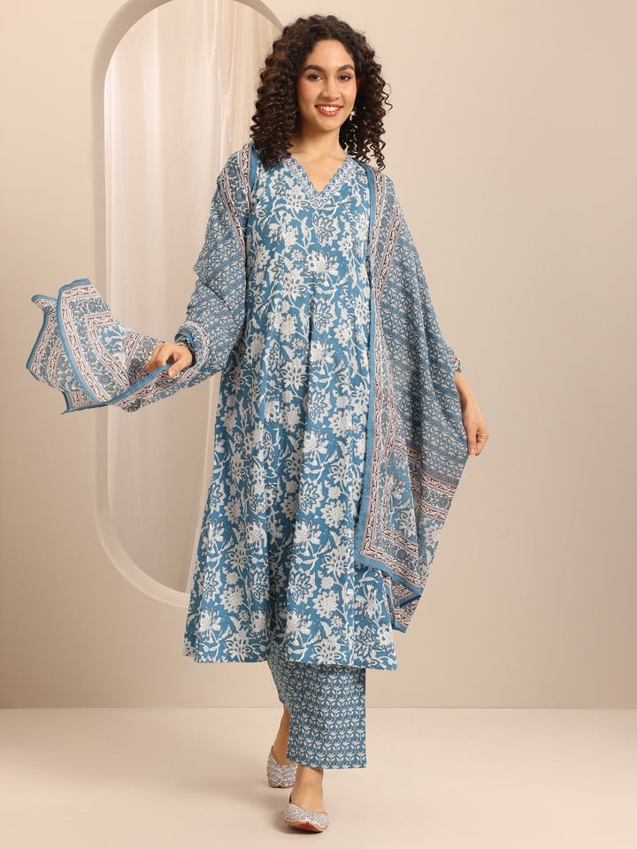 Blue Printed Cotton Blend Anarkali Suit Set With Dupatta