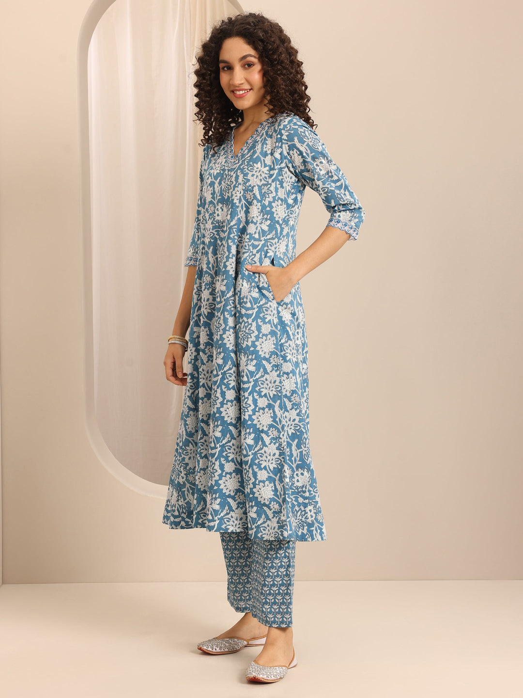 Blue Printed Cotton Blend Anarkali Suit Set With Dupatta