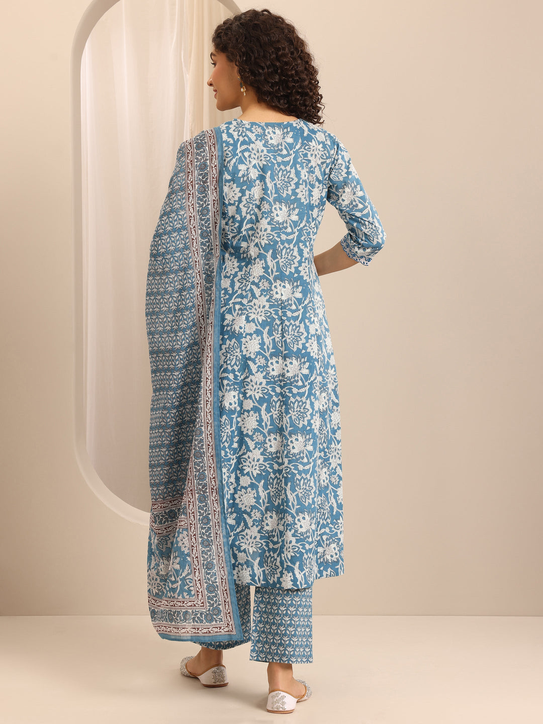 Blue Printed Cotton Blend Anarkali Suit Set With Dupatta