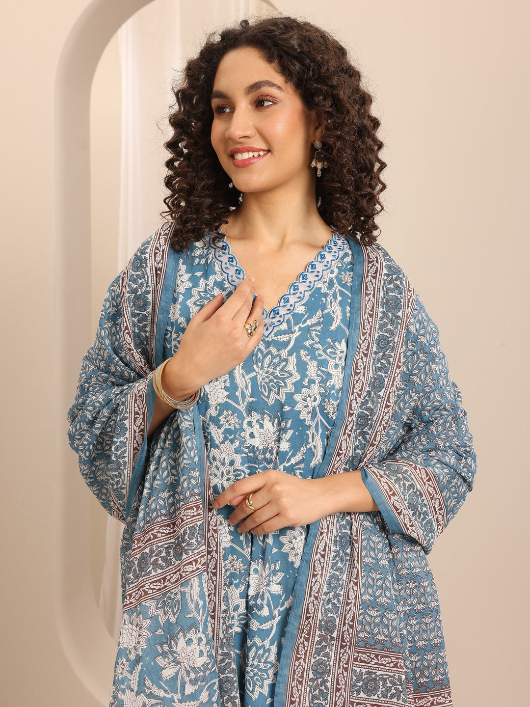 Blue Printed Cotton Blend Anarkali Suit Set With Dupatta