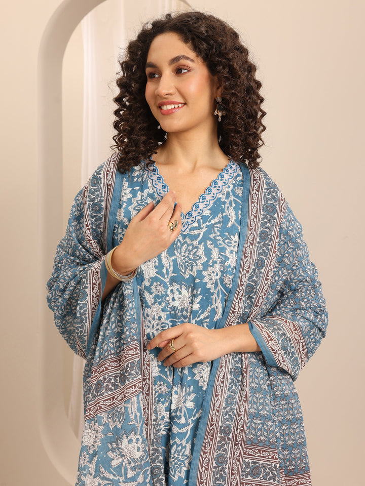 Blue Printed Cotton Blend Anarkali Suit Set With Dupatta